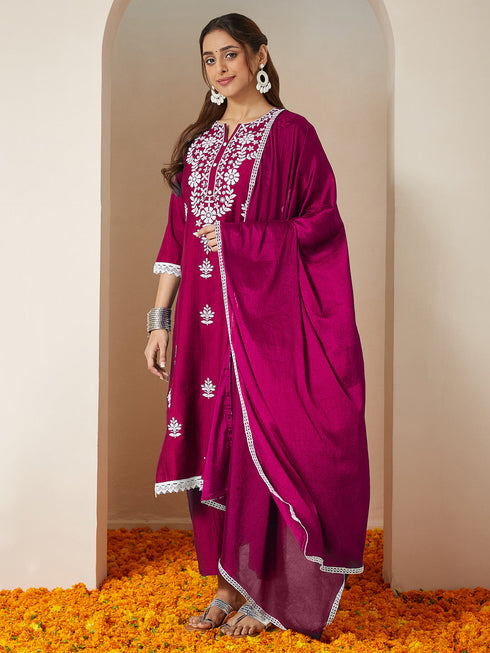 Janasya Women's Pink Silk Blend Embroidered Straight Kurta Set With Dupatta